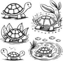 Bold black and white hand-drawn illustrations of 4 cute turtles doodling walking with shells, resting under leaves, and swimming through ponds, isolated on white. vector