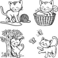 Bold black and white hand-drawn illustrations of 4 playful kittens doodling with yarn, sleeping in baskets, climbing trees, and chasing butterflies, isolated on white. vector