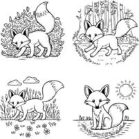 Bold black and white hand-drawn illustrations of 4 foxes doodling sneaking through bushes, running in forests, hunting in meadows, and relaxing in the sun, isolated on white. vector