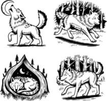 Bold black and white hand-drawn illustrations of 4 wolves doodling howling at the moon, running in packs, sleeping in dens, and chasing through forests, isolated on white. vector