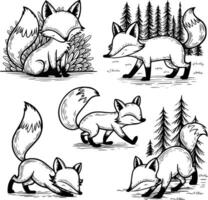 Bold black and white hand-drawn illustrations of 4 funny foxes doodling hiding in bushes, running through forests, and sniffing at the ground, isolated on white. vector