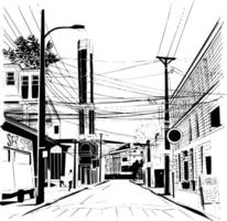 Black and white bold illustrations of a urban street scene, isolated on white background. vector