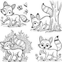Bold black and white hand-drawn illustrations of 4 adorable foxes doodling chasing butterflies, sniffing around trees, hiding behind bushes, and playing with tails, isolated on white. vector