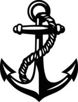 An anchor with rope on it is shown in black and white vector