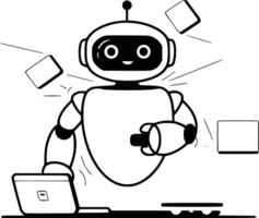 A robot is standing next to a laptop and a keyboard vector