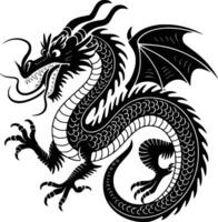A black and white dragon with wings and tail vector