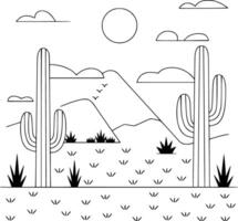 A desert landscape with cactus and mountains coloring page vector