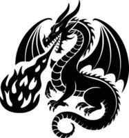 A black and white dragon with flames on its back vector