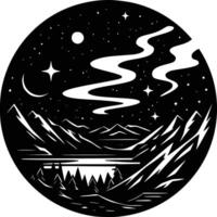 A black and white illustration of a lake and mountains vector
