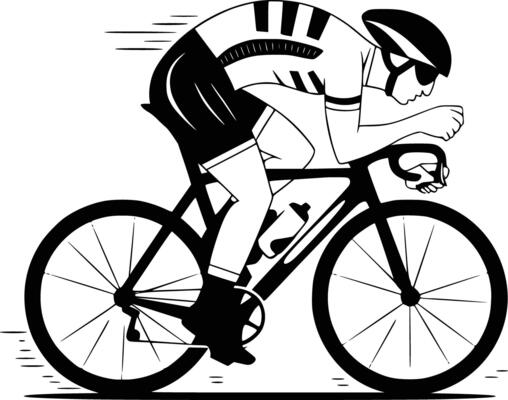 A black and white illustration of a cyclist