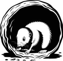 A black and white illustration of a rat in a hole vector