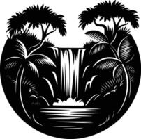 A black and white image of a waterfall and palm trees vector