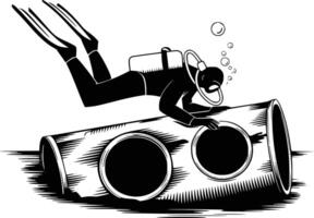 A black and white illustration of a diver diving into a pipe vector
