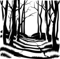 A black and white drawing of a path in the woods vector