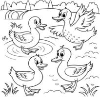 Ducks in the pond coloring page vector