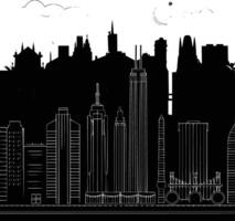 A black and white drawing of a city skyline vector