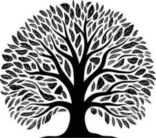 A black and white tree with leaves and white isolated background vector