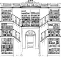 A drawing of a library with bookshelves vector