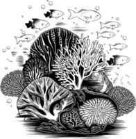 Black and white drawing of coral reef with fish vector