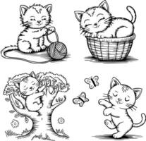 Four black and white drawings of kittens and a tree vector