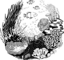 A black and white drawing of an underwater scene vector