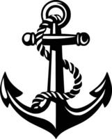 An anchor with rope on it is shown in black and white and white isolated background vector
