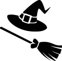 A black and white witch hat and broom on a white background vector