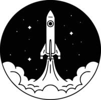 A black and white logo of a rocket taking off white isolated background vector