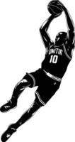 A black and white illustration of a basketball player dunking the ball vector