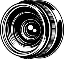 A camera lens with a black and white image white isolated background vector