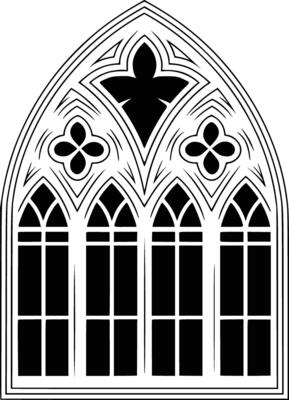 A black and white gothic window with flowers