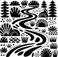 A black and white illustration of a river and trees vector