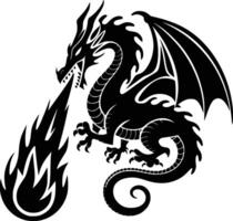 A black and white dragon with flames on its back white isolated background vector