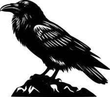 A black and white drawing of a raven on a rock vector