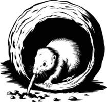 A black and white drawing of a mouse in a hole vector