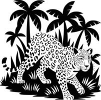 A black and white drawing of a leopard in the jungle vector