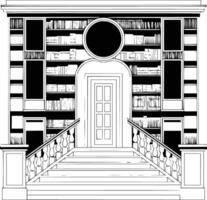 A drawing of a library with stairs and bookshelves vector