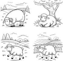 Four sheep in the field coloring pages white isolated background vector