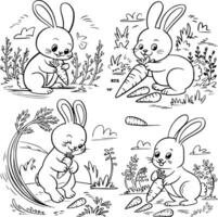 Four rabbits eating carrots in the field vector