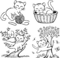 Four black and white drawings of kittens and cats vector