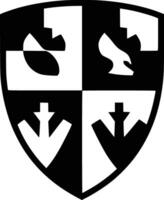 A black and white logo with a shield and arrows vector