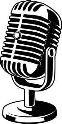 A black and white illustration of a microphone and isolated background