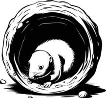 A black and white drawing of a rat in a hole vector