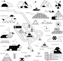 A black and white illustration of a map with various objects vector