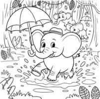 An elephant is playing in the rain with an umbrella coloring page vector