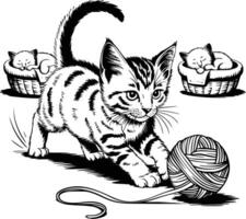 Kitten playing with ball of yarn vector