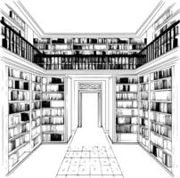 An illustration of a library with bookshelves vector