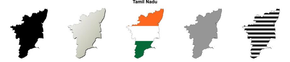 Tamil Nadu state blank outline map set vector