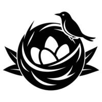 Bird on nest with eggs silhouette vector