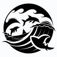 Dolphins leaping through waves in black vector
